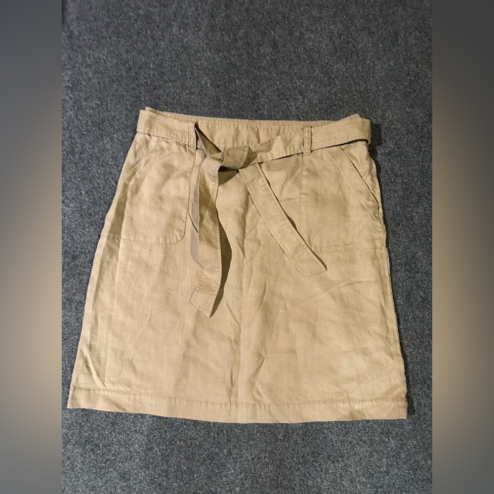 Lands' End 100% Linen Tan A-Line Skirt with Tie Belt 12